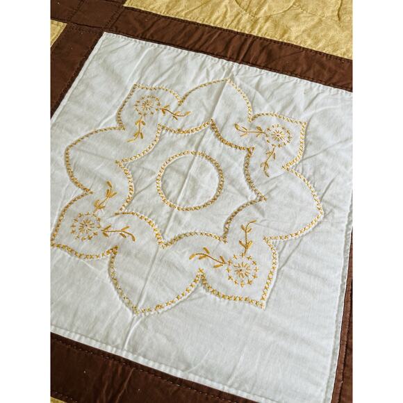 Vintage Hand made Quilt Cross Stitch Coverlet Floral Brown Yellow Moroccan Orang - Picture 7 of 16